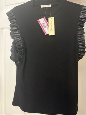 Doe & Rae Black Ribbed Tank with Satin Ruffle Sleeves